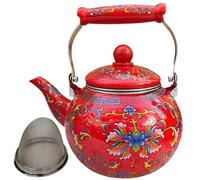 DOITOOL Ceramic Enamel Tea Kettle 2.2L Large Porcelain Enameled Teakettle Floral Teapot for Stovetop Hot Water Kettle Pot Enamel on Steel Tea Kettle with Infuser No Whistling Red