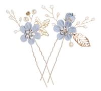 DOITOOL Handmade Blue Beaded U-Shaped Wedding Hairpins 2Pcs Bridal Hair Accessories Bridesmaid Hair Clips for Prom and Special Occasions