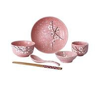 DOITOOL Japanese Ceramic Tableware Set 6 Pieces Pink Plates Bowls Cup Spoon Chopsticks Compact Storage Dinnerware Kit