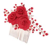 DOITOOL Red Wedding Flower Hair Comb Pearls and Alloy Fabric Material Delicate and Skin Friendly Hair Accessory for Women at Parties and Weddings