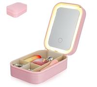 DOITOOL Small Makeup Organizer Case with Mirror and Three Brightness Levels, Pu Material Cosmetic Bag with 1200mah Battery for Travel and Jewelry Organizing, Pink Lighted Vanity Case