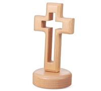 DOITOOL Solid Wood Standing Cross - Hollow Out Beech Wood Tabletop Crucifix with Round Base - Elegant Christian Religious Ornament for Home Altar Desk Shelf and Catholic Church Decor