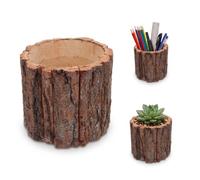DOITOOL Tree Stump Planter - 12cm Rustic Bark Plant Pots - Faux Wood Flower Bucket - Leakproof Succulent Container Cachepot for Indoor Desktop Windowsill Decor & Pen Holder