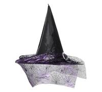 DOITOOL Women's Halloween Witch Hat Purple Foldable Lace with Spider Web Print Veil, Comfortable Lightweight Polyester Wide Brim Pointed Tip Hat for Celebrations and Festivals