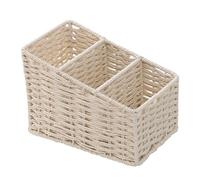 DOITOOL Woven Baskets Wicker Desk Organizer Hand Woven Cosmetic Storage Box 3 Slot Makeup Caddy Sundries Basket Plastic Office Supplies Holder for Desktop Stationery TV Remote Beige Magazine Basket