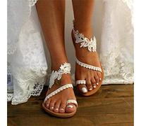 DOIX Sandals for Women Casual Fashion Roman Slip on Wedding Sandals Vintage Toe Ring Floral Lace Flat Sandals Bohemian Beach Flip Flops Walking Shoes,White,US8/EU39