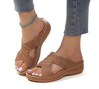 DOIX Women Open Toe Wedge Sandals Orthopedic Plantar Fasciitis Slip on Slide Slippers Summer Platform Mules Faux Leather Sandals Casual Outdoor Walking Beach Shoes,brown,US6/EU37