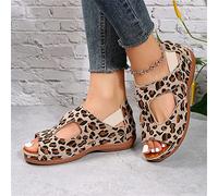 DOIX Womens Flat Suede Sandals Summer Open Toe Roman Flat Loafers Shoes Ladies Leopard Print Fish Mouth Sandals Casual Non-Slip Beach Walking Shoes,leopard print,US11/EU42
