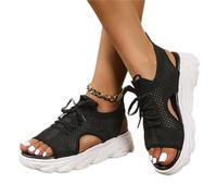 DOIX Women's Sports Thick Sole Sandals Summer Lace Up Mesh Fish Mouth Sandals Casual Platform Wedge Sandals Elastic Slip on Walking Shoes Lightweight Open Toe Sneakers,Black,US10/EU41