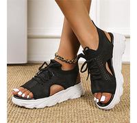 DOIX Women's Sports Thick Sole Sandals Summer Lace Up Mesh Fish Mouth Sandals Casual Platform Wedge Sandals Elastic Slip on Walking Shoes Lightweight Open Toe Sneakers,Black,US7/EU38