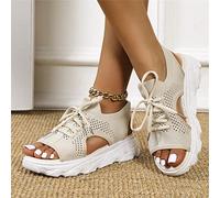 DOIX Women's Sports Thick Sole Sandals Summer Lace Up Mesh Fish Mouth Sandals Casual Platform Wedge Sandals Elastic Slip on Walking Shoes Lightweight Open Toe Sneakers,Beige,US5/EU36