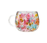 Doiyislem Double Wall Glass Cup - 250ML Colorful Petals Drinking Glassware - with Handle Dried Flower Insulated Glass Cup,for Home Bar Hot Cold Water Whiskey Beer