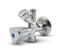 DOJA Barcelona Combination Angle Valve - Chrome Brass Multi-Connection Corner Valve for Sink and Washing Machine 1/2" x 3/4" x 3/8" 115x87mm Metal and Plastic Suitable for Shower and Garden Taps