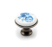 DOJA Barcelona | Vintage Blue Rose Knobs | Ø26.5 x 23 mm | Pack of 4 Antique Porcelain and Antique Brass Knobs | Rustic Knob | Vintage Pull Handles for Kitchen, Bathroom, Living Room