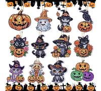 DOJASOHILMI 12Pcs 5D Halloween Pumpkin Diamond Painting Kit, DIY Cat Diamond Painting Keychains for Kids & Adults, Spooky 5D Art for Home Decor & Gifts