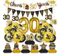 DOJASOHILMI 30th Birthday Decorations Men Women Black Gold Balloons Thirty Party Happy Birthday Banner Giant Number Balloon and Bunting