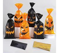 DOJoykey 120pcs Halloween Treat Bags - Pumpkin Cellophane Bags with Ties in Orange and Black for Party Sweets and Treats