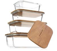 dokaworld Glass Tupperware Set with Acacia Lids - 4 Stackable Meal Prep Containers. Durable heat resistant Inert Borosilicate Glass