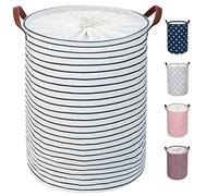 DOKEHOM 18-Inches Freestanding Laundry Basket with Lid, Collapsible Large Drawstring Clothes Hamper Storage with Handle (Blue Stripe, M)