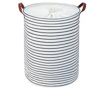 DOKEHOM 24-Inches Freestanding Laundry Basket with Lid, Collapsible Extra Large Drawstring Clothes Hamper Storage with Handle (Blue Stripe, XL)