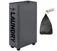 DOKEHOM 29-Inches Enlarged Slim Laundry Basket with Removable Wash Bag on Wheels, Collapsible Rolling Laundry Hamper, Foldable Narrow Corner Clothes Storage Bins (Dark Grey)