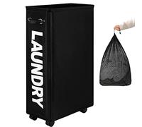 DOKEHOM 29-Inches Enlarged Slim Laundry Basket with Removable Wash Bag on Wheels, Collapsible Rolling Laundry Hamper, Foldable Narrow Corner Clothes Storage Bins (Black)