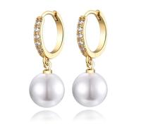 DOKIA Sterling Silver Pearl Drop Hoop Earrings, Hypoallergenic Round Pearl Gold Hoop Earrings with AAA+ Cubic Zirconias | Jewellery Gifts for Birthday, Wedding