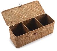 DOKOT Woven Seagrass Wicker Rattan Storage Basket with Lid, Rectangular Bin with Grid Home Organizer,