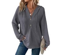 Dokotoo Women's Hoodies Waffle Knit Drawstring Button Womens Pullover Sweatshirt V Neck Long Sleeve Jumpers Women Hooded Tops Plain Casual Ladies Hoodie Top Grey S