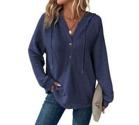 Dokotoo Women's Hoodies Waffle Knit Drawstring Button Womens Pullover Sweatshirt V Neck Long Sleeve Jumpers Women Hooded Tops Plain Casual Ladies Hoodie Top Navy Blue L