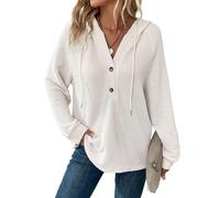 Dokotoo Women's Hoodies Waffle Knit Drawstring Button Womens Pullover Sweatshirt V Neck Long Sleeve Jumpers Women Hooded Tops Plain Casual Ladies Hoodie Top White L