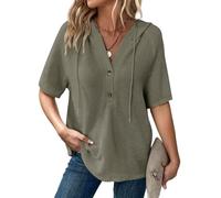 Dokotoo Women's Hoodies Waffle Knit Ladies T-Shirts Drawstring Button Womens Pullover Sweatshirt V Neck Short Sleeve Jumpers Women Hooded Tops Plain Lady Hoodie Top Tee Shirts Moss Green XL