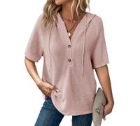 Dokotoo Women's Hoodies Waffle Knit Ladies T-Shirts Drawstring Button Womens Pullover Sweatshirt V Neck Short Sleeve Jumpers Women Hooded Tops Plain Lady Hoodie Top Tee Shirts Smoke Apricot Pink S