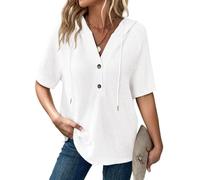 Dokotoo Women's Hoodies Waffle Knit Ladies T-Shirts Drawstring Button Womens Pullover Sweatshirt V Neck Short Sleeve Jumpers Women Hooded Tops Plain Lady Hoodie Top Tee Shirts White S