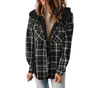 Dokotoo Women's Jackets Plaid Hooded Long Sleeve Button Down Ladies Chunky Cardigans Coat Winter Jacket for Women Fashion Shacket Warm Fuzzy Fleece Womens Coats Black M