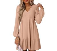 Dokotoo Women's Long Sleeve Dresses Casual V-Neck Dress for Women Fashion Elegant Empire Waist A Line Swing Womens Outfits Ribbed Knitted Elastic Autumn Ladies Pullover Minidress Khaki M