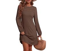 Dokotoo Women's Long Sleeve Dresses Fall Fashion Elegant Lace Hollow Out Patchwork Crew Neck Lantern Sleeves Ladies Dress Solid Color Casual A Line Shift Womens Minidress Coffee XL