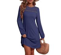 Dokotoo Women's Long Sleeve Dresses Fall Fashion Elegant Lace Hollow Out Patchwork Crew Neck Lantern Sleeves Ladies Dress Solid Color Casual A Line Shift Womens Minidress Blue S