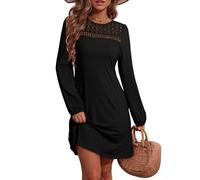 Dokotoo Women's Long Sleeve Dresses Fall Fashion Elegant Lace Hollow Out Patchwork Crew Neck Lantern Sleeves Ladies Dress Solid Color Casual A Line Shift Womens Minidress Black XL