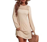 Dokotoo Women's Long Sleeve Dresses Fall Fashion Elegant Lace Hollow Out Patchwork Crew Neck Lantern Sleeves Ladies Dress Solid Color Casual A Line Shift Womens Minidress Apricot L