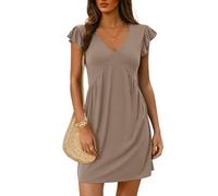 Dokotoo Women's Summer Dresses 2025 Beach Ladies Sundress Fashion Gold Empire Line Hihg Waist Ruffle Short Sleeve Deep V-Neck Solid Color Sundresses Spring Casual Womens Mini Dress Khaki S