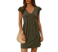 Dokotoo Women's Summer Dresses 2025 Beach Ladies Sundress Fashion Gold Empire Line Hihg Waist Ruffle Short Sleeve Deep V-Neck Solid Color Sundresses Spring Casual Womens Mini Dress Green L
