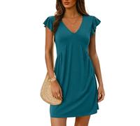 Dokotoo Women's Summer Dresses 2025 Beach Ladies Sundress Fashion Gold Empire Line Hihg Waist Ruffle Short Sleeve Deep V-Neck Solid Color Sundresses Spring Casual Womens Mini Dress Blue 2XL