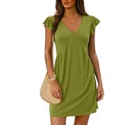 Dokotoo Women's Summer Dresses 2025 Beach Ladies Sundress Fashion Gold Empire Line Hihg Waist Ruffle Short Sleeve Deep V-Neck Solid Color Sundresses Spring Casual Womens Mini Dress Green L