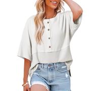 Dokotoo Womens Summer Tops Waffle Knit Crew Neck 3/4 Sleeve Ladies T-Shirts Patchwork Oversized Women's Blouses Shirts Casual Loose Fit Button Down Women Blouse Tshirts Top White S