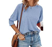 Dokotoo Women's T-Shirts 3/4 Sleeve Womens Summer Tops Solid Color Women Pullover Top Tees Blouses Casual Crewneck Ladies Tee Shirts Sky Blue XL