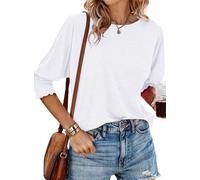 Dokotoo Women's T-Shirts 3/4 Sleeve Womens Summer Tops Solid Color Women Pullover Top Tees Blouses Casual Crewneck Ladies Tee Shirts White 2XL