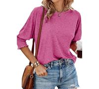 Dokotoo Women's T-Shirts 3/4 Sleeve Womens Summer Tops Solid Color Women Pullover Top Tees Blouses Casual Crewneck Ladies Tee Shirts Rose Red XL