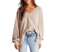 Dokotoo Womens Tops Long Sleeve Waffle Knit V Neck Oversized Women's Blouses Shirts Fall Winter Women Top Tshirts Loose Fit Casual Ladies Blouse T-Shirts Apricot XL UK