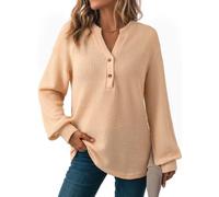 Dokotoo Womens Tops Long Sleeve Women Pullover Sweatshirt Waffle Knit Oversized Ladies Jumpers Solid Casual Tunic Top Dressy V-Neck Half Button Women's Blouses Shirts Apricot S